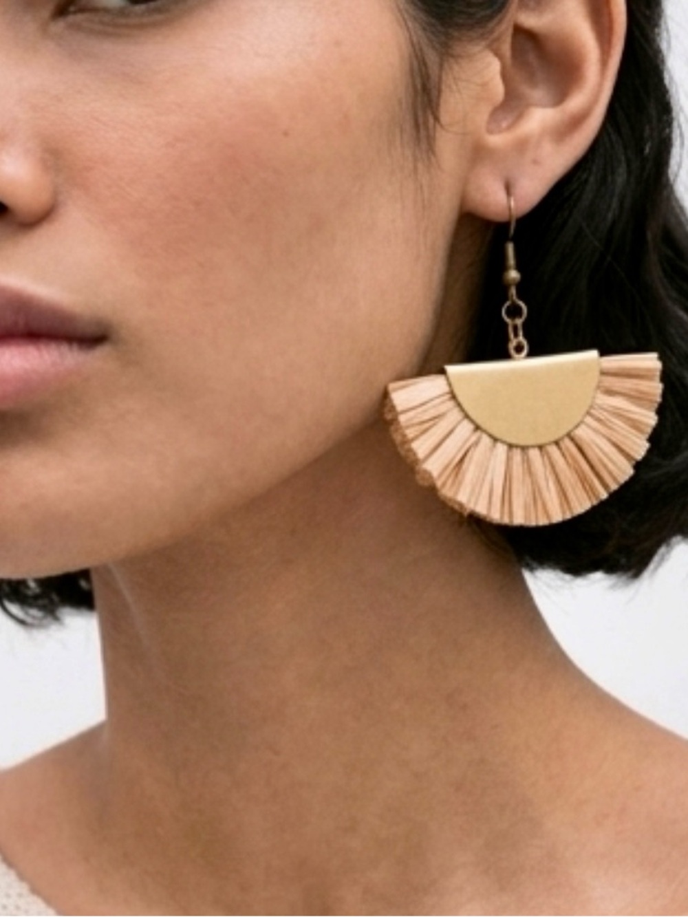 Gold Half-Moon Raffia Fringe Earrings